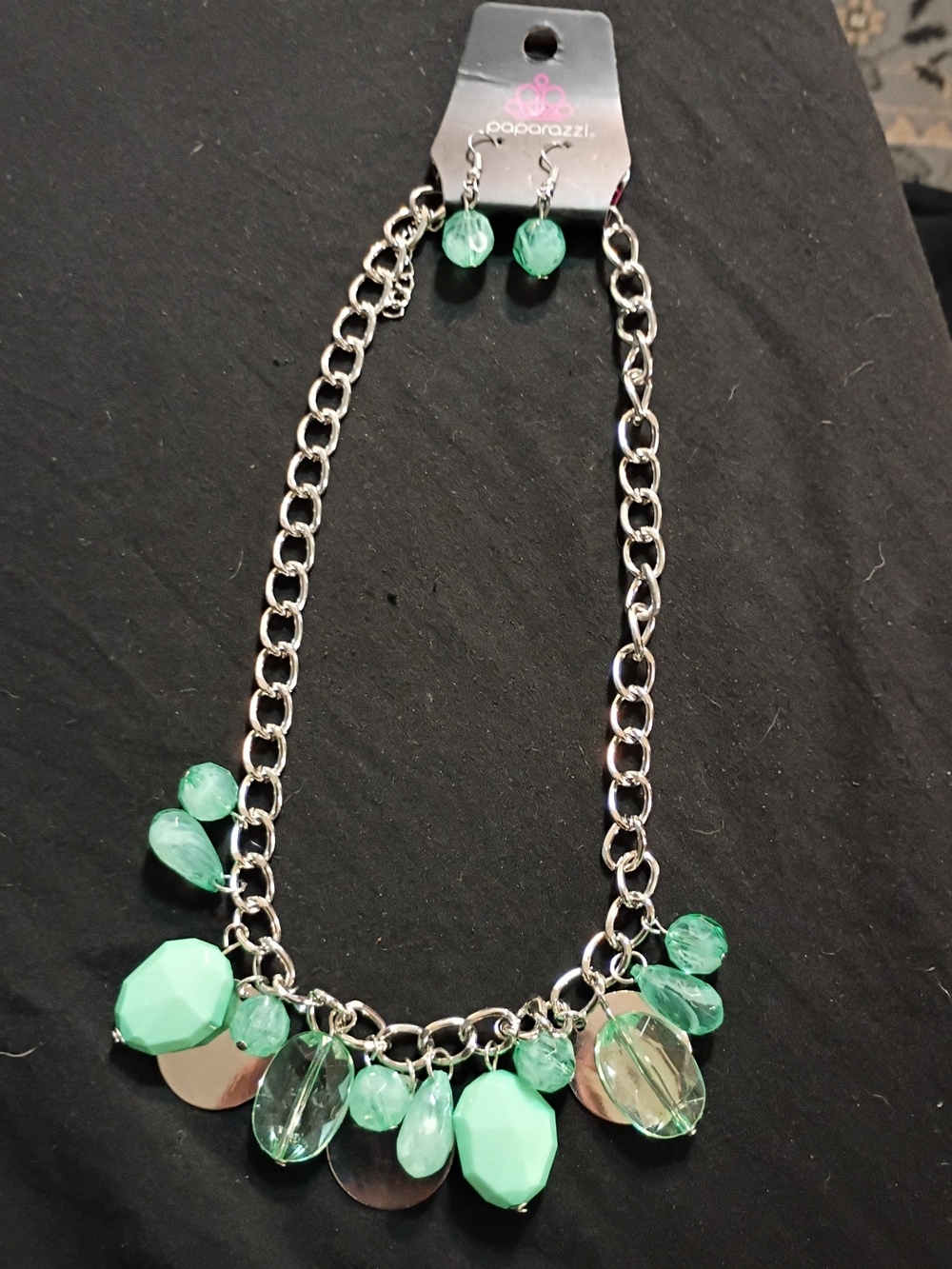 paparazzi Mint Green and Clear Dangle Statement Necklace with Earrings